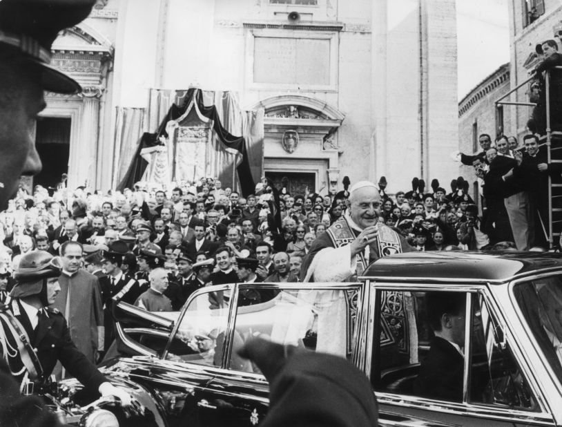 October 1962: Standing in an open Mercedes, Pope John XXIII receives an enthusiastic welcome from the crowds at Loreto.