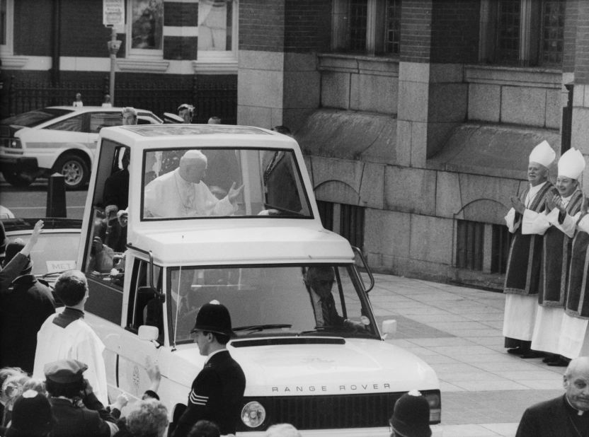 1982: Pope John Paul II arrives at Westminster Cathedral in London in a modified Range Rover.