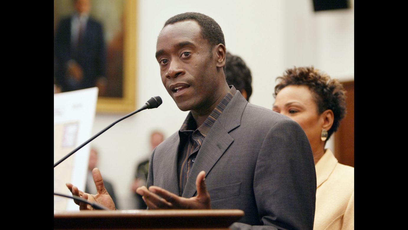 Actor Don Cheadle has been a prominent activist for the end of genocide in Darfur. Along with fellow actors Clooney and Brad Pitt, Cheadle helped start the Not On Our Watch Project, an organization focused on preventing mass atrocities. Cheadle was named U.N. Environment Program Goodwill Ambassador in 2010.