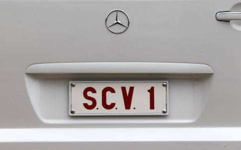 Pictured here is the detail of the Popemobile licence plate. According to the Vatican, the letters on the plate stand for  'status civitatis Vaticanae.' (September 14, 2010 in London)