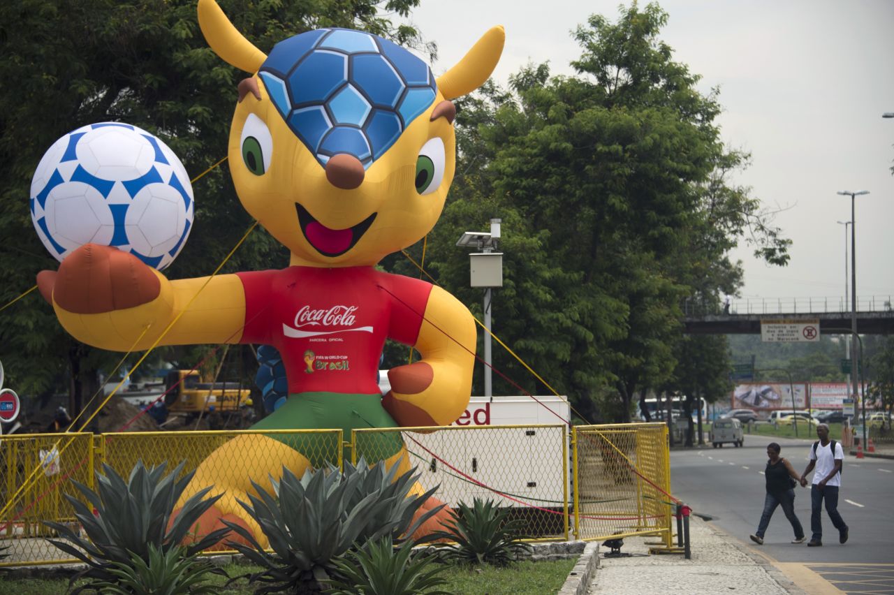 A huge inflatable Fuleco, the mascot of the Brazil 2014 FIFA World Cup, stands by the Maracana stadium in Rio de Janeiro, Brazil, on January 15, 2013.