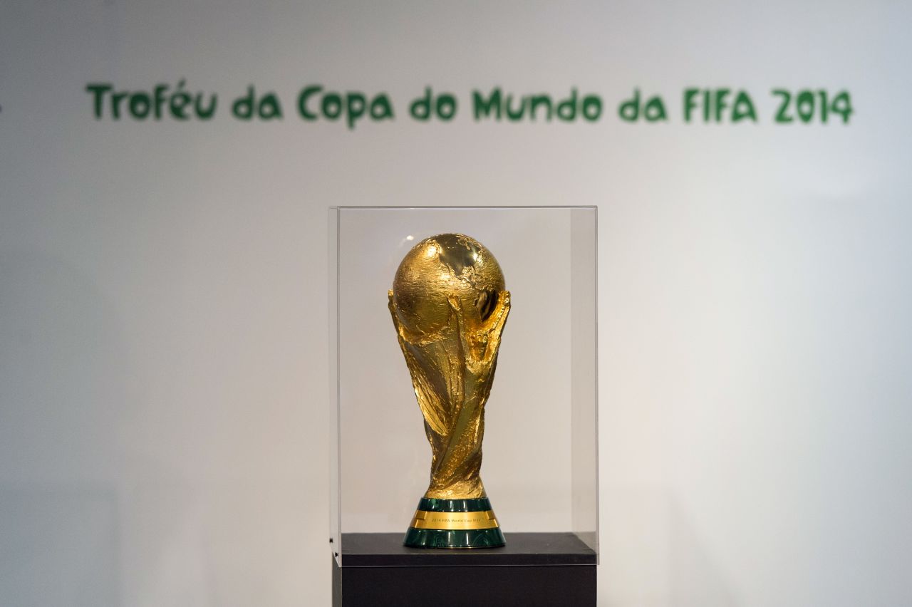 The trophy of the FIFA World Cup 2014, brought to Brazil by former Brazilian football player Cafu from the FIFA headqueaters in Switzerland, is displayed at Morumbi shopping center in Sao Paulo, Brazil, on September 22, 2012.