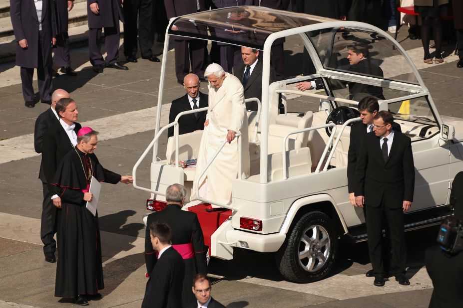Benedict XVI disembarks the Popemobile in St. Peter's Square on February 27, 2013, the day before he stepped down as pope.