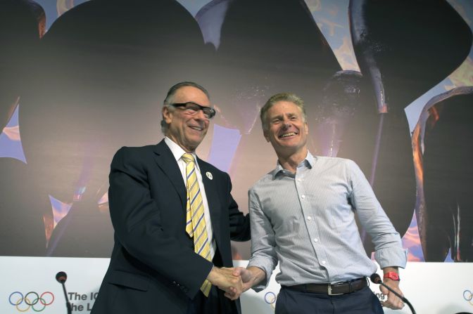 Carlos Arthur Nuzman (left), Brazilian Olympic Committee President and Rio 2016 Olympics Committee President, shakes hands with London 2012 Chief Executive Paul Deighton after delivering the IOC debriefing of the London 2012 Olympic Games for the foreign press in Barra de Tijuca, Rio de Janeiro, Brazil.
