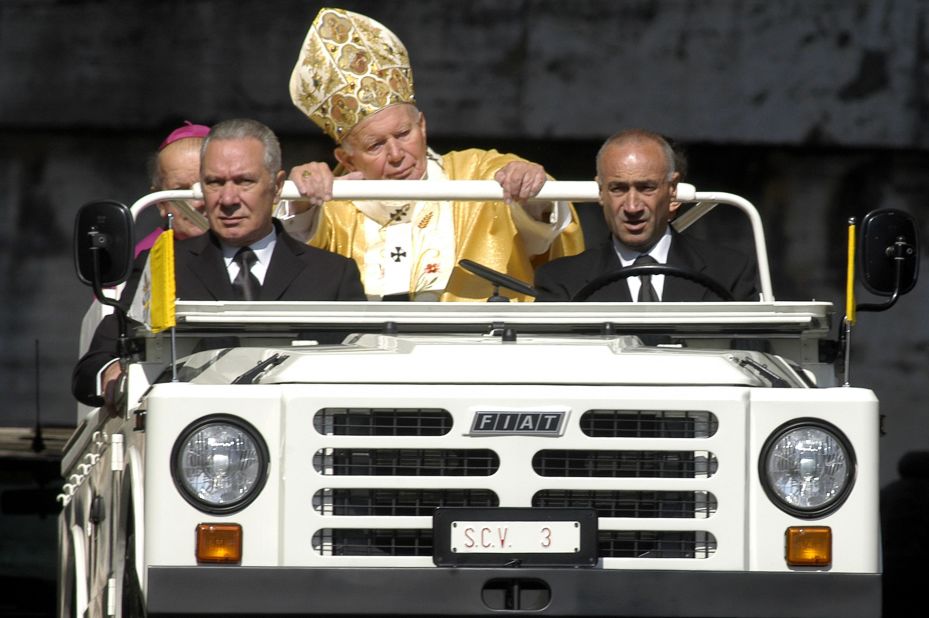 2003: Pope John Paul II arrives in St. Peter's Square in his custom-made Fiat Popemobile on May 18, 2003.