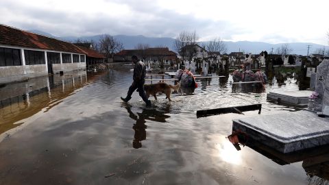 A man and a dog cross the flooded graveyard in the village of Monospitovo, Macedonia, on February 27. Torrential rains poured down on the Strumica Valley, destroying or damaging crops and households.