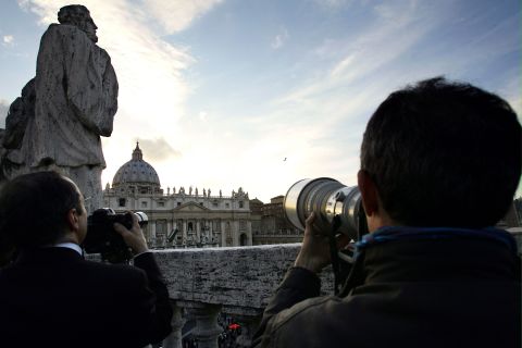 The last conclave was in 2005, when Benedict's XIV was announced as pope.  Here photographers watch the chimney for smoke- black for failure and white for success on April 18, 2005. 