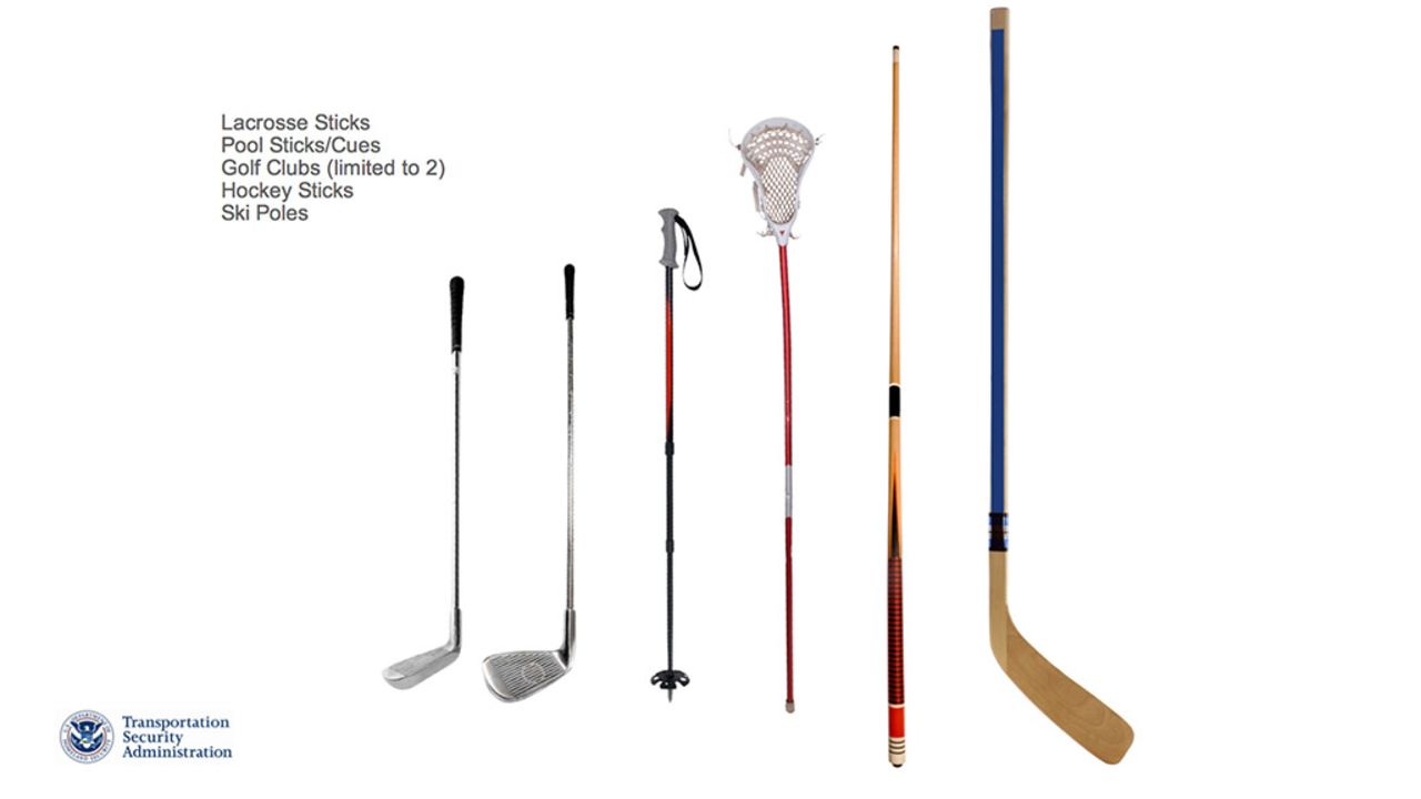 Sports equipment such as ski poles, hockey sticks, lacrosse sticks and two golf clubs will be permitted as carry-on luggage.