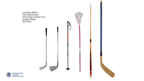 Sports equipment such as ski poles, hockey sticks, lacrosse sticks and two golf clubs will be permitted as carry-on luggage.