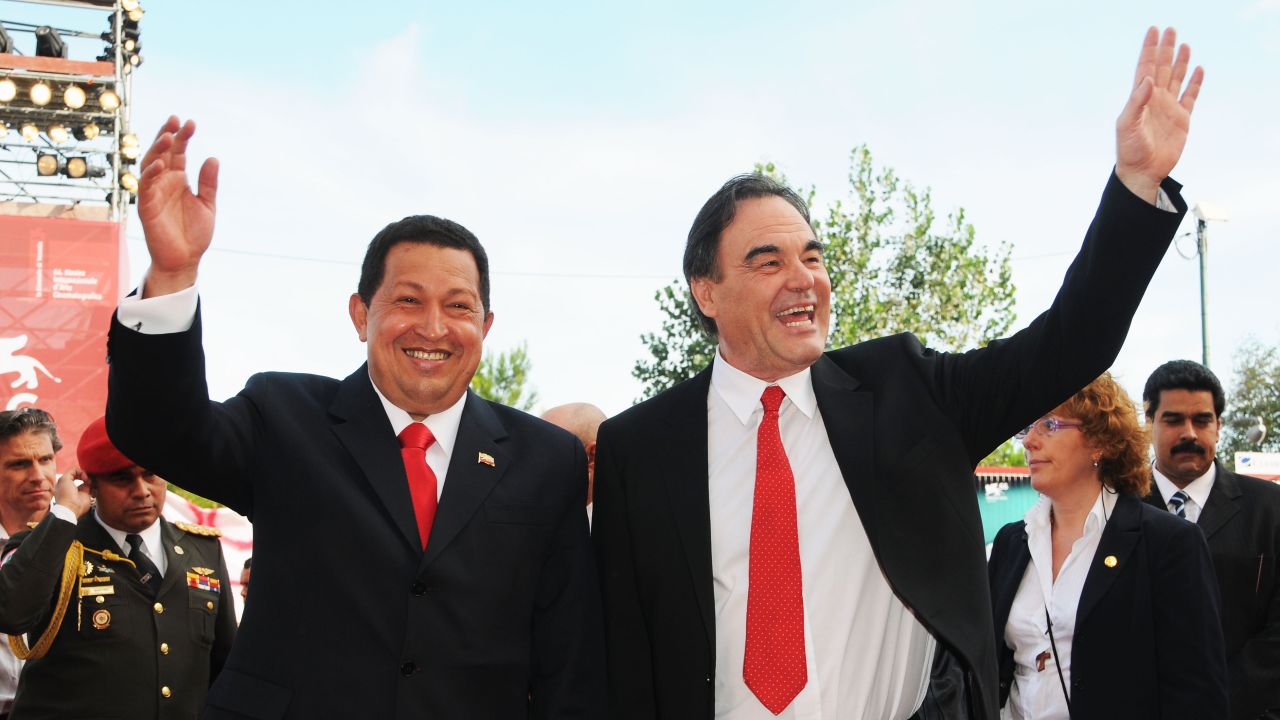 Director Oliver Stone and Chavez attend the "South of the Border" premiere during the 66th Venice Film Festival on September 7, 2009, in Venice, Italy.