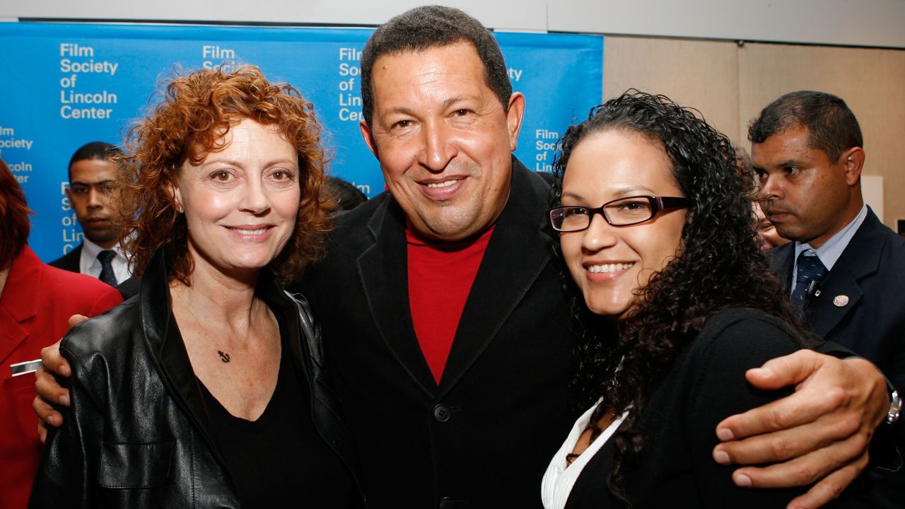 Actress Susan Sarandon poses for a picture with Chavez and his daughter, Rosa, at the afterparty of the "South of the Border" premiere in New York on September 23, 2009.