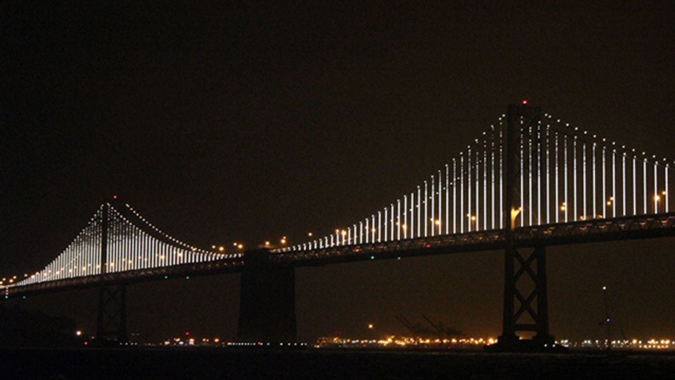 San Francisco's Bay Bridge debuted its new look on Tuesday. The 1.8 mile long, animated LCD light installation will stay up for the next two years.