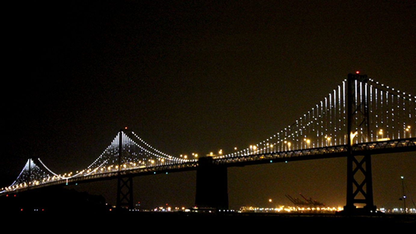 The San Francisco Bay Bridge shows off its new kinetic lighting installation.