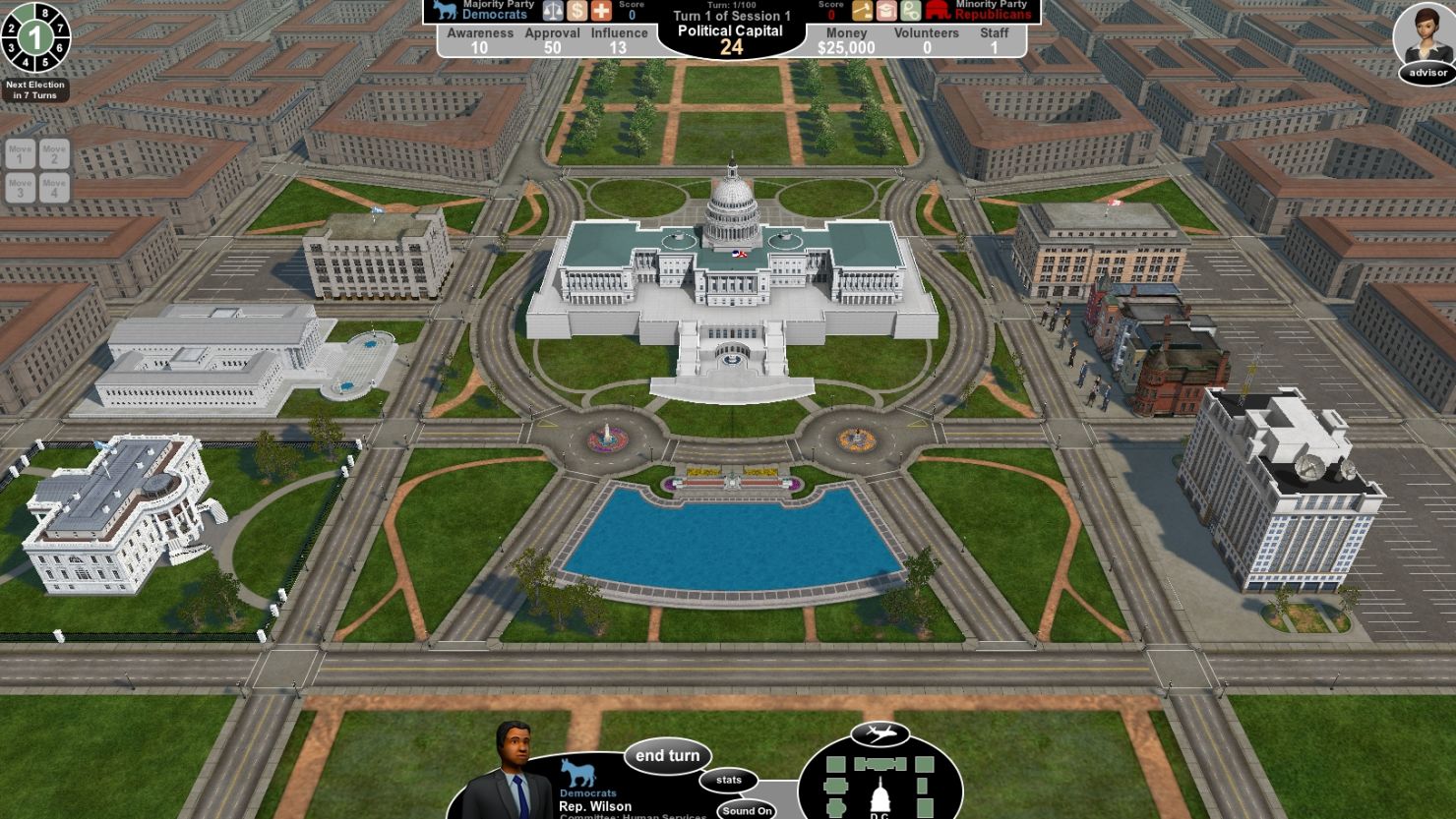 In "Government in Action," players are newly elected representatives whose party and home district are determined for them.