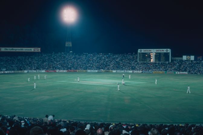 A night match between the West Indies tourists and South Africa at the Wanderers Club in Johannesburg in February 1983. The 1982-83 tour ended with South Africa winning the one-day series 4-2 while the "Test" series was drawn 1-1.