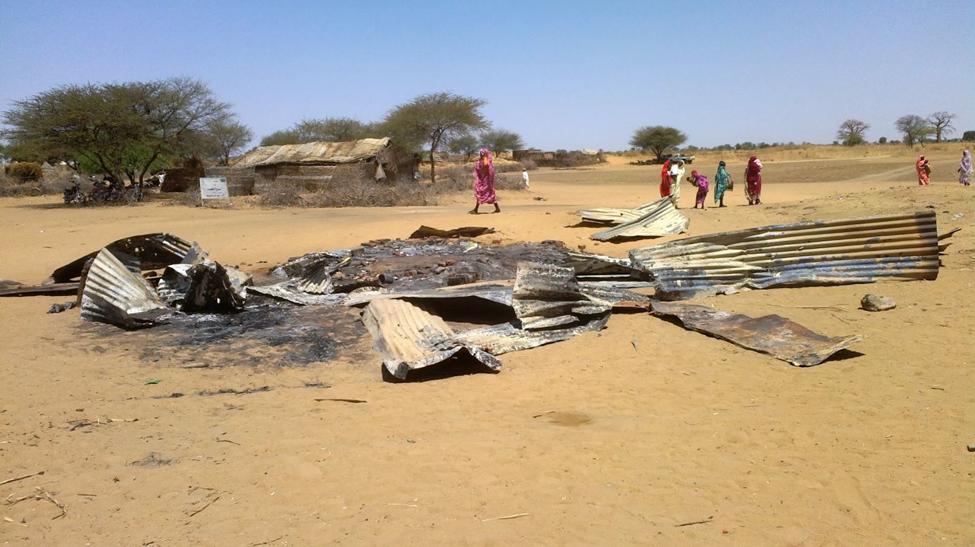 Pictured, the remains of a house in Derib al Reih village, South Darfur, that was reportedly destroyed by the Sudanese air force in February 22, 2013.