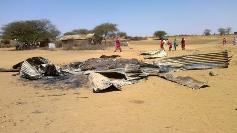 Pictured, the remains of a house in Derib al Reih village, South Darfur, that was reportedly destroyed by the Sudanese air force in February 22, 2013.