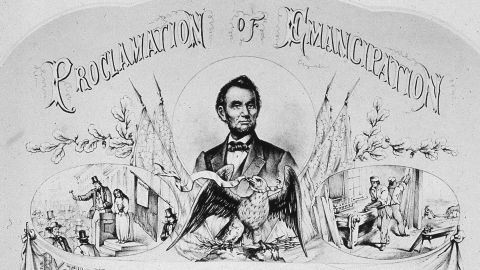 Lithograph commemorating president Abraham-Lincoln's 1862 Emancipation Proclamation freeing slaves in the Confederate states, 1865.
