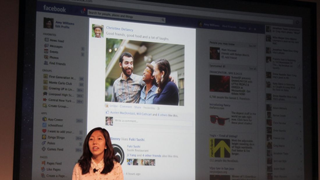 Julie Zhuo, Facebook's director of design, highlights the width of the news feed in the old design.