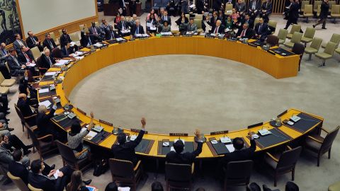 UN Security Council members vote to adopt sanctions against North Korea in 2013.
