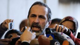 The Syrian opposition's National Coalition chief Ahmed Moaz al-Khatib speaks to the press after a meeting at the Egyptian foreign ministry in Cairo on February 25, 2013. 