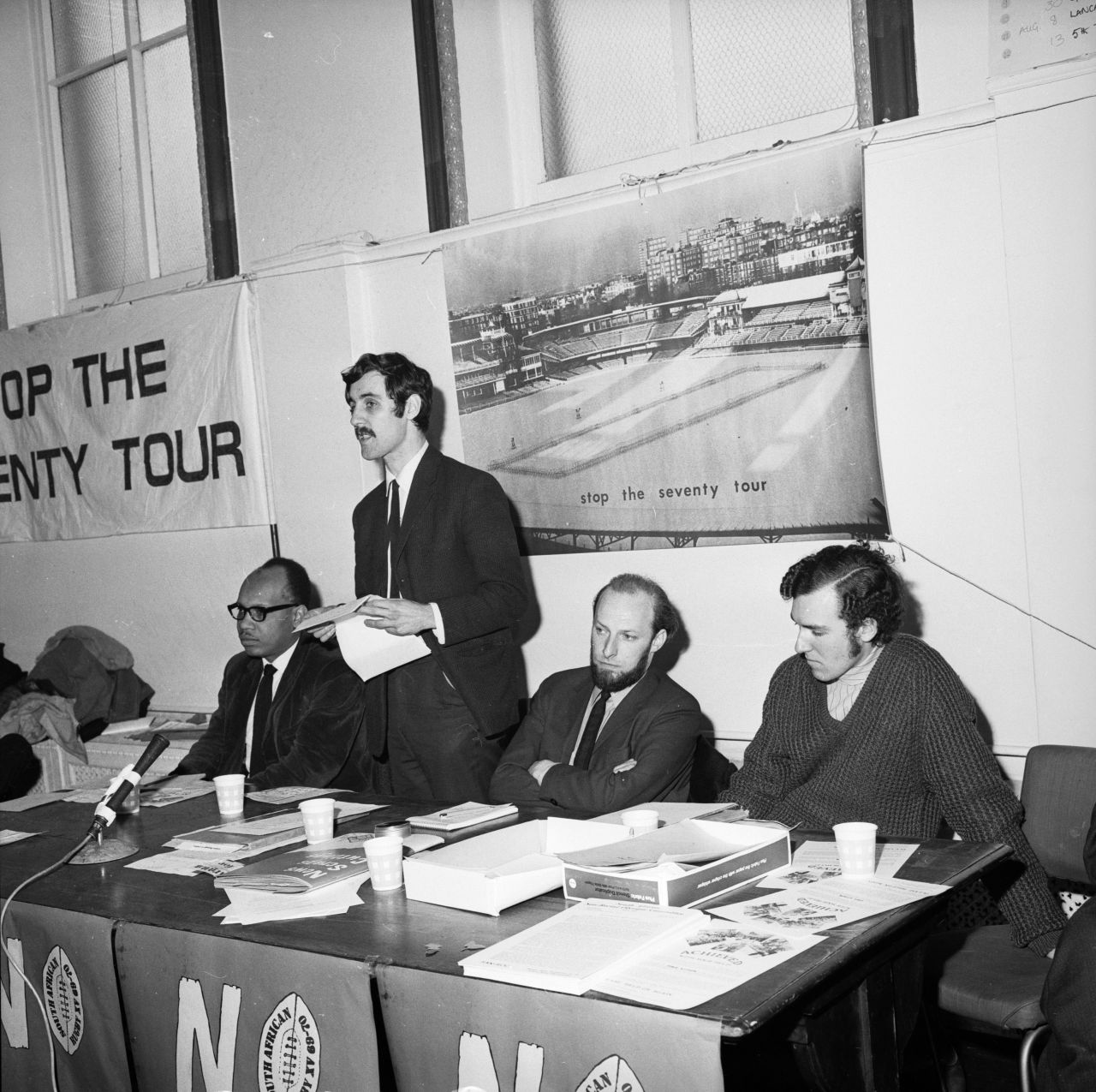 In opposition to the apartheid politics of South Africa, this group of cricketers formed the "Stop the Seventy Tour," a committee set up to stop that year's tour of the South African cricket team to England. On the far right sits Peter Hain, leader of the Young Liberals and a future British MP.