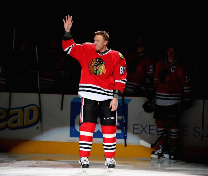 Marian Hossa was honored Tuesday at a ceremony honoring his 1,000th career game. 