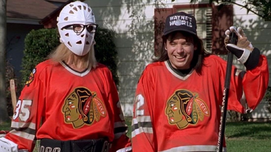 Garth (Dana Carvey) and Wayne (Mike Myers) wore Blackhawks jerseys while playing street hockey in the 1992 movie "Wayne's World." Game on!  