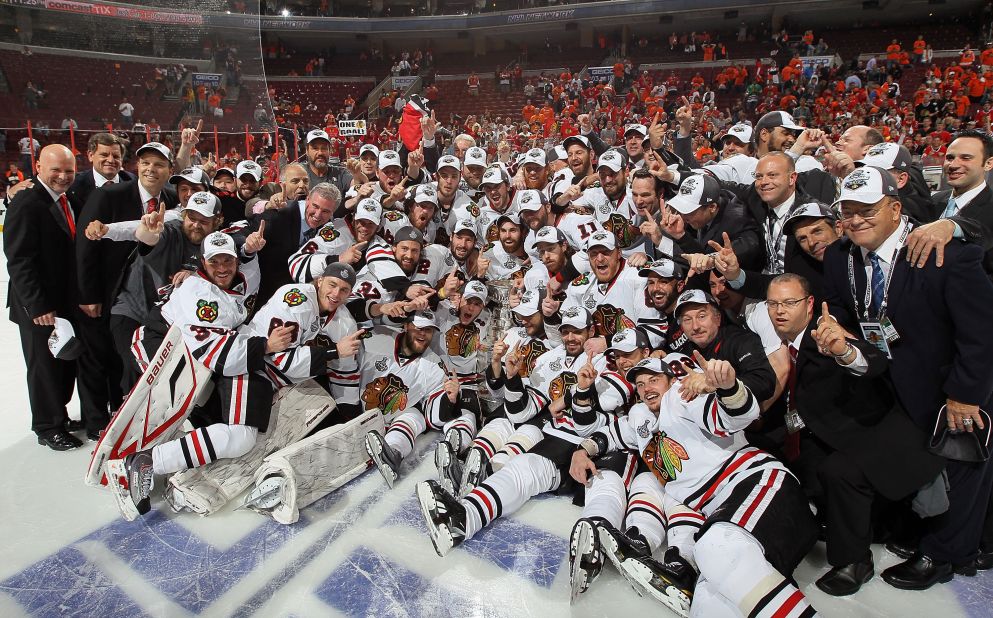 The Chicago Blackhawks pose for a team photo after winning the Stanley Cup in 2010.