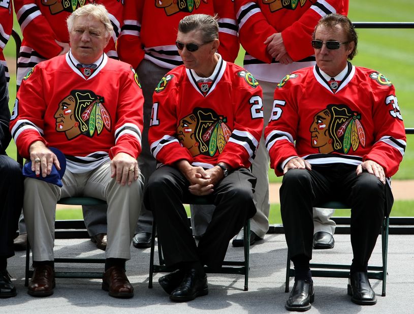 Hockey Hall of Famers Bobby Hull (from left), Stan Mikita and Tony Esposito all played for the Blackhawks.