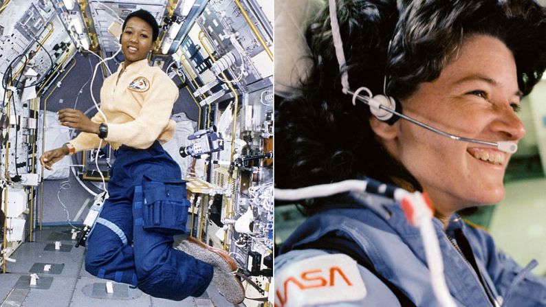 American physician and former NASA astronaut Mae Carol Jemison, left, became the first black woman to travel in space in 1992.  As an astronaut, Jemison served as a liaison between the astronaut corps and launch operations at Kennedy Space Center, <a href="index.php?page=&url=http%3A%2F%2Fwww.drmae.com%2Fbiography-3-563" target="_blank" target="_blank">according to her biography</a>. She also flew aboard the Space Shuttle Endeavour  in the first joint mission with the Japanese Space Agency. Fellow astronaut Sally Ride, right, helped pave the way for Jemison's career: In 1983, she flew to space aboard the Space Shuttle Challenger, becoming the first American woman (and, at 32, the youngest American) to enter space. She flew on Challenger again in 1984 and later was the only person to serve on both panels that investigated the nation's space shuttle disasters in 1986 and 2003. Ride<a href="index.php?page=&url=http%3A%2F%2Fwww.cnn.com%2F2012%2F07%2F23%2Fus%2Fsally-ride-dead"> died in December 2012</a>.