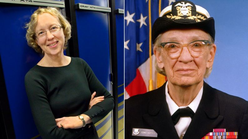 Grace Murray Hopper, an American computer scientist and U.S. Navy Rear Admiral (right), created Common Business-Oriented Language (COBOL.) She also coined the term "debugging" in reference to fixing a computer.<br /><br />Hopper paved the way for other females in computer science, including University of California at Berkeley Professor <a href="index.php?page=&url=https%3A%2F%2Fwww.nersc.gov%2Fnews-publications%2Fnews%2Fnersc-center-news%2F2007%2Fprof-kathy-yelick-named-new-director-for-doe-s-national-energy-research-scientific-computing-center%2F" target="_blank" target="_blank">Katherine Yelick</a>.  She is the co-author of two books and more than 100 technical papers on parallel languages, compilers, algorithms, libraries, architecture, and storage. She led the National Energy Research Scientific Computing Center from 2008 to 2012 -- a high-performance computing facility that helps scientists run tests. One of the computers in the facility is named after Hopper.