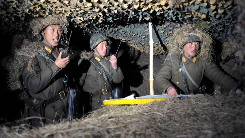 This undated picture, released from North Korea's official Korean Central News Agency on February 22, 2013 shows North Korean soldiers of a sub-unit under Korean People's Army large combined unit 526 open firing at a tactical exercise at undisclosed place in North Korea. North Korean leader Kim Jong Un inspected the event. AFP PHOTO / KCNA via KNS ---EDITORS NOTE--- RESTRICTED TO EDITORIAL USE - MANDATORY CREDIT 'AFP PHOTO / KCNA VIA KNS' - NO MARKETING NO ADVERTISING CAMPAIGNS - DISTRIBUTED AS A SERVICE TO CLIENTS (Photo credit should read KNS/AFP/Getty Images)