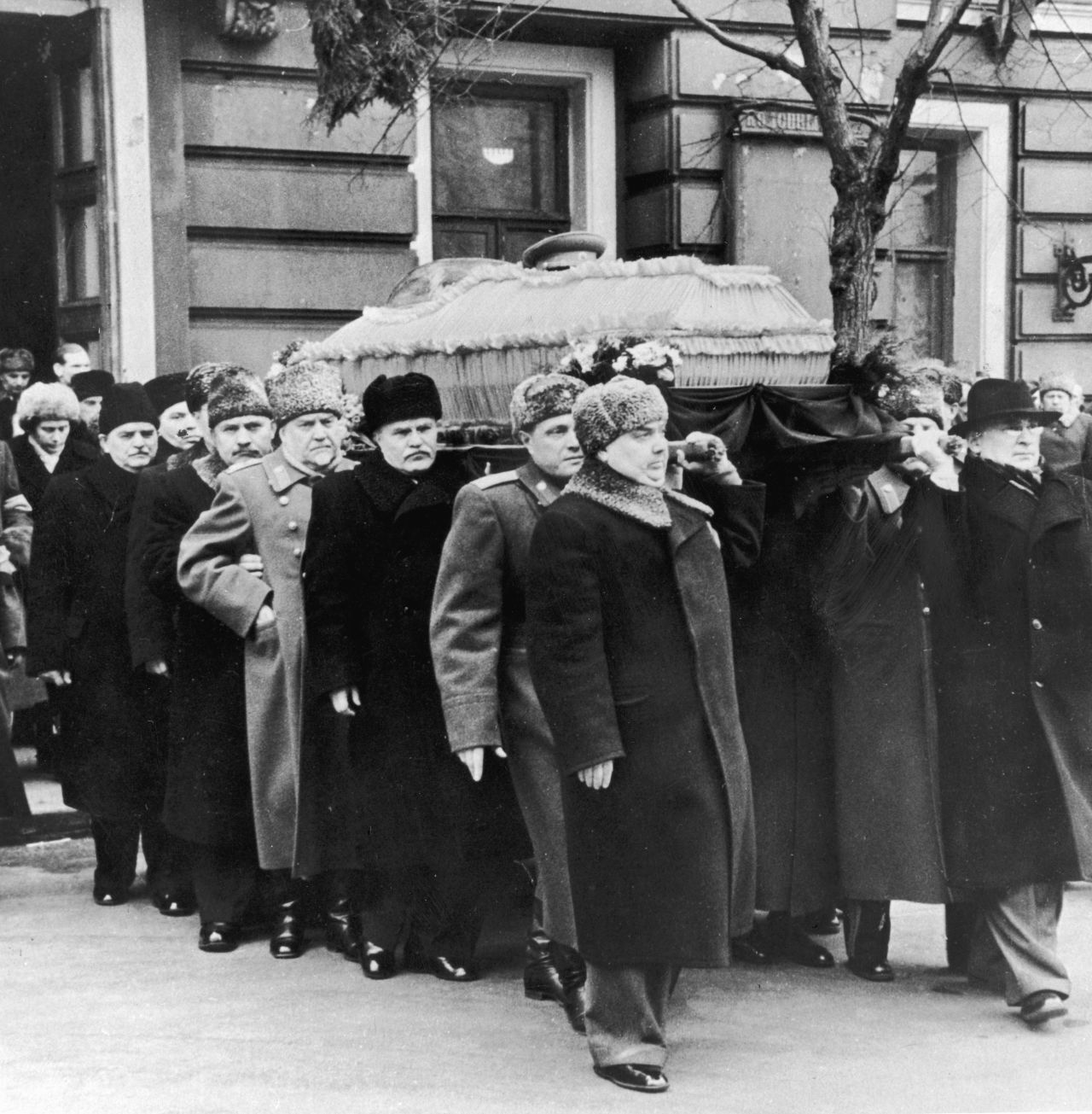 The coffin of Soviet political leader Joseph Stalin, who died in 1953, is carried from the House of Trade Unions in Moscow.