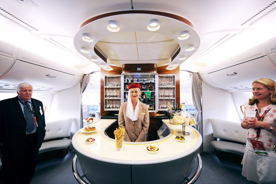 The A380's size means it can easily accommodate a lounge bar, such as this one offered by Emirates. Other airlines have promised gyms or casinos, but haven't delivered.