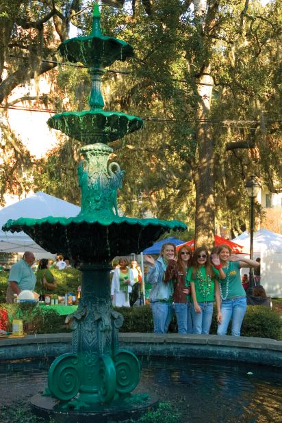 Fountains and beer taps are dyed green to mark St. Patrick's Day in Savannah, Georgia.