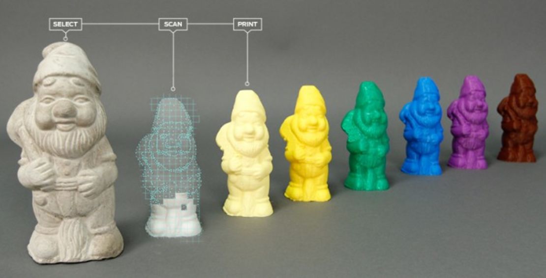 MakerBot released this image of small gnome sculptures that can be scanned and printed with its products.