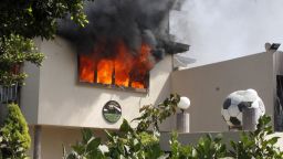 Flames rise from a room at the headquarters of the Egyptian Football Association in Cairo on March 9.