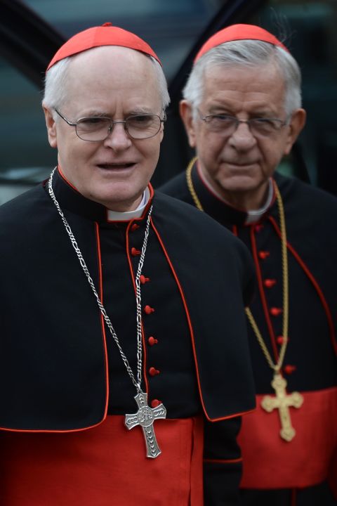 Cardinals Odilo Scherrer (left) of Brazil and Geraldo Agnelo of Italy arrive for a meeting at the Vatican on March 9.