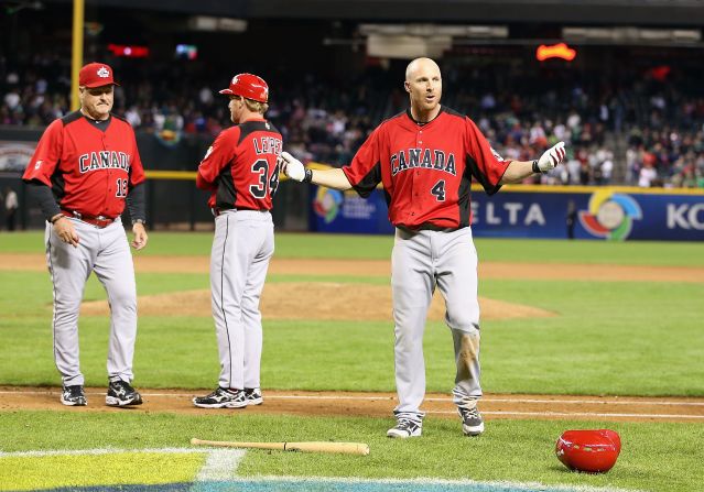 Pete Orr (right) of Canada reacts after players from Mexico and Canada brawled during the World Baseball Classic March 9.