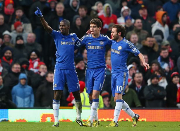 Ramires (L) celebrates after his equalizer at Old Trafford earned Chelsea an FA Cup quarterfinal replay against Manchester United.