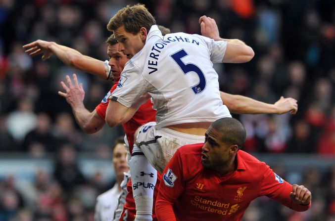 Belgian defender Jan Vertonghen scored twice for Tottenham in their English Premier League clash at Liverpool, which they led 2-1.
