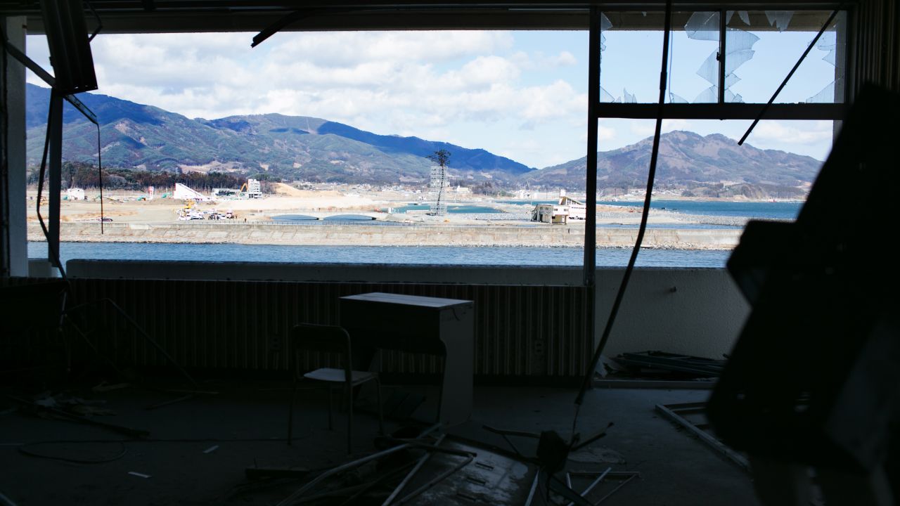 Sun shines through the window of an area on Sunday that was devastated two years ago in Rikuzentakata, Iwate Prefecture.