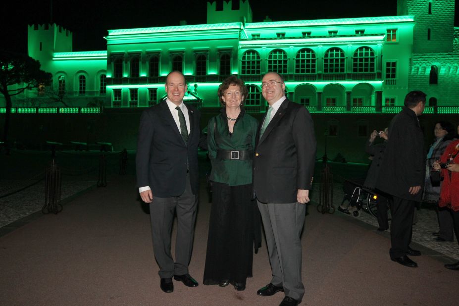 Monaco's Palace goes green on St. Patrick's Day, in part to honor the Irish heritage of the late Princess Grace. Here Monaco's Prince Albert II, left, appears with Paul Kavanagh, Ireland's ambassador to France, and Kavanagh's wife, Rosemary, on St. Patrick's Day in 2012.