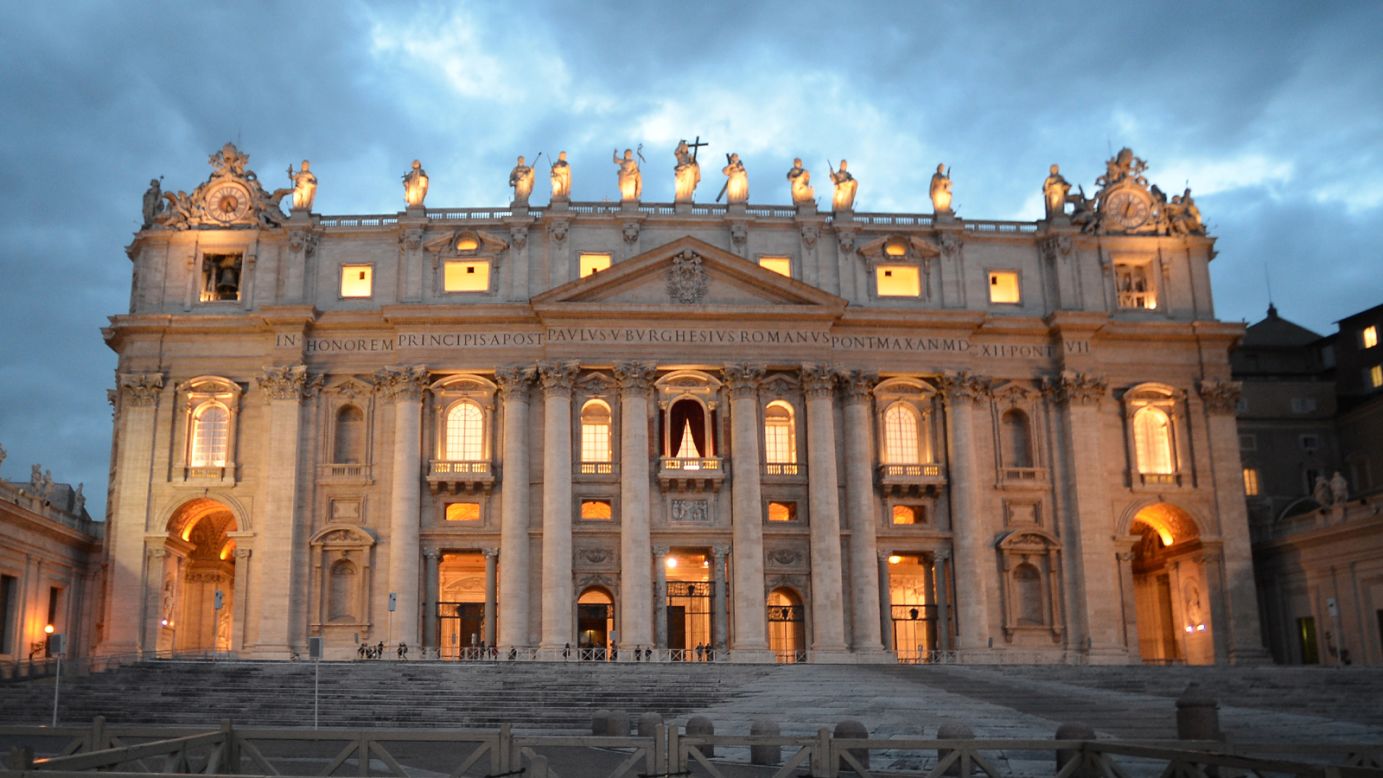 St. Peter's Basilica is seen at sunset on the eve of the conclave on March 11.