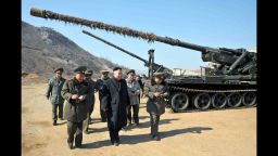 This undated picture released by North Korea's official Korean Central News Agency on March 12, 2013 shows North Korean leader Kim Jong Un (C) inspecting a long-range artillery sub-unit of Korean People's Army Unit 641 at undisclosed place in North Korea. AFP PHOTO / KCNA via KNS ---EDITORS NOTE--- RESTRICTED TO EDITORIAL USE - MANDATORY CREDIT "AFP PHOTO / KCNA VIA KNS" - NO MARKETING NO ADVERTISING CAMPAIGNS - DISTRIBUTED AS A SERVICE TO CLIENTSKNS/AFP/Getty Images
