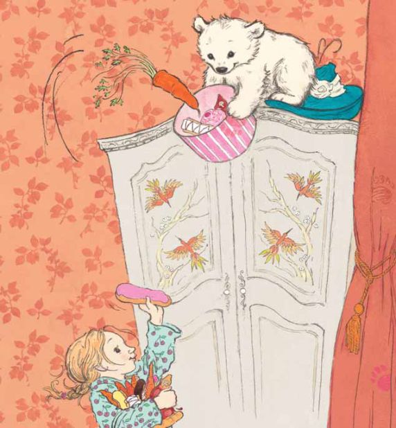 Vulliamy's story of the "Bear with Sticky Paws" begins when a lovable but mischievous bear turns up on Pearl's doorstep. Throughout the day Pearl and the bear have fun but make a mess of the house. That is, until Pearl's mother returns home. 