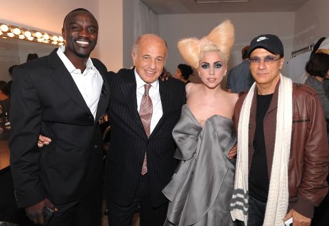 In 2007 Lady Gaga was signed by Akon and Interscope Records before the release of her 2008 debut album, "The Fame."<br />Pictured: Akon, Doug Morris (chairman and CEO of UMG), Lady Gaga and Jimmy Iovine (chairman of Interscope Geffen A&M), in December 2009, New York. <br />