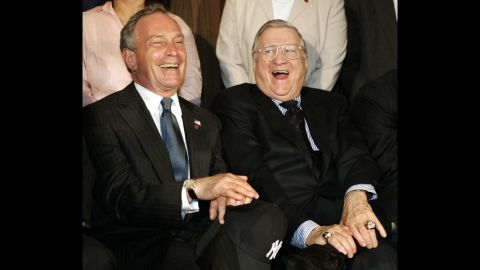 Yankees owner George Steinbrenner shares a laugh with Bloomberg during a news conference in June 2005 announcing plans for a new $800 million stadium.