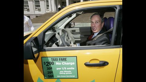Bloomberg sits in a Ford Escape hybrid taxicab donated by Yahoo after he announced in May 2007 that the city's taxi fleet would be fully hybrid by 2012. The plan fell through after judges ruled in 2008 that the city couldn't penalize taxi drivers who didn't use hybrid cars, according to The <a href="http://cityroom.blogs.nytimes.com/2008/10/31/judge-blocks-hybrid-taxi-requirement/?gwh=87B27602188FCD143F612C0D9B43B4CC" target="_blank" target="_blank">New York Times</a>. 